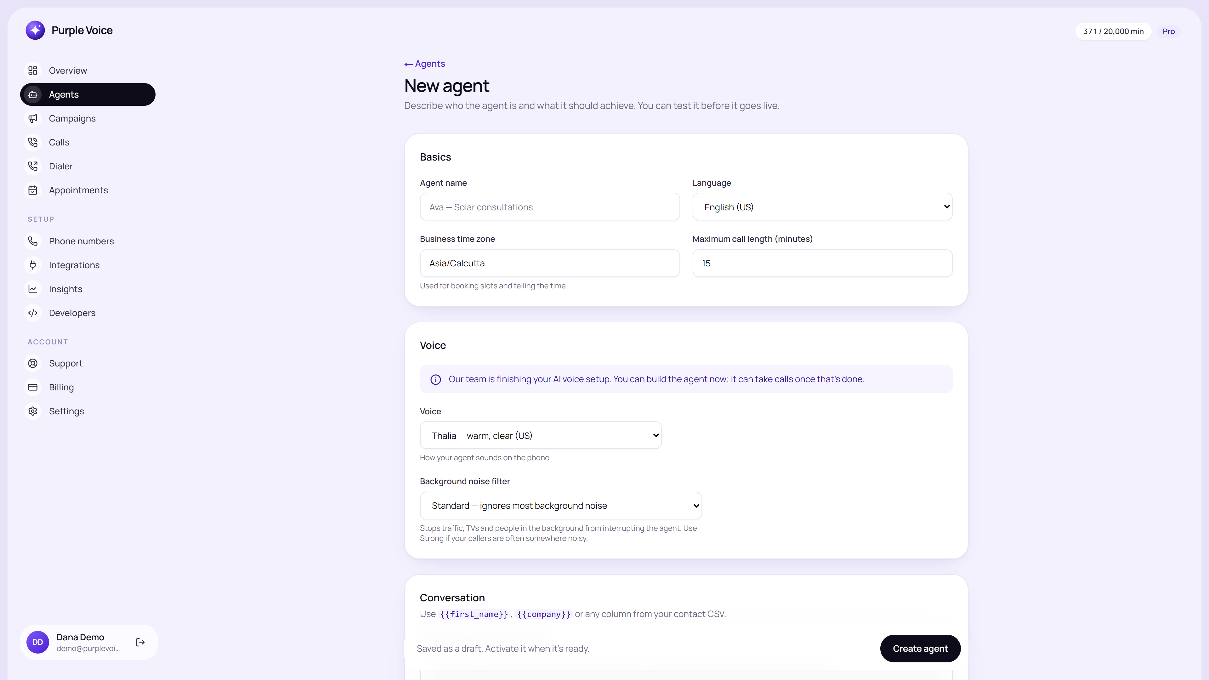 The create agent screen in Purple Voice