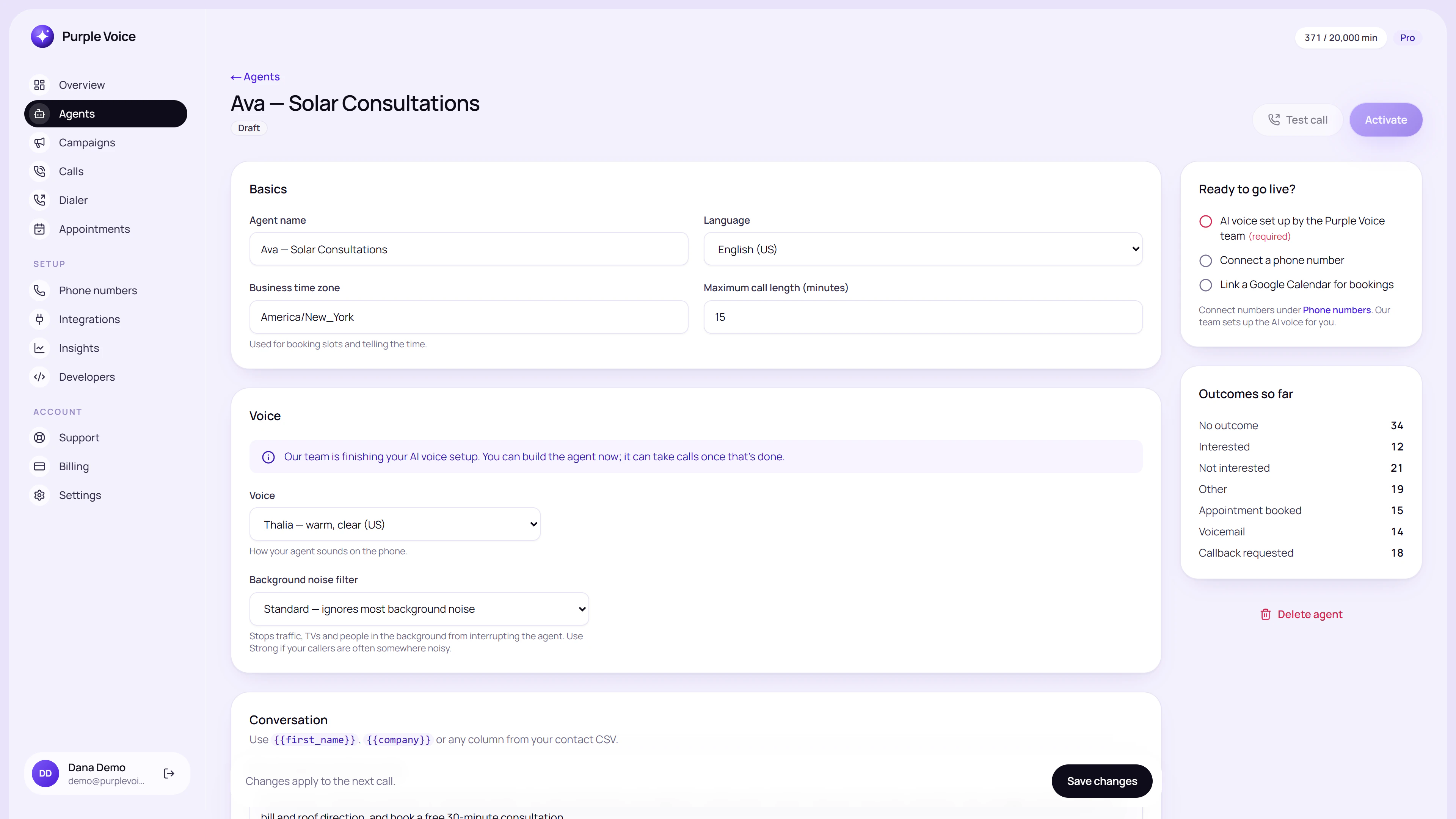 Purple Voice agent editor showing the prompt, voice and knowledge settings for an agent