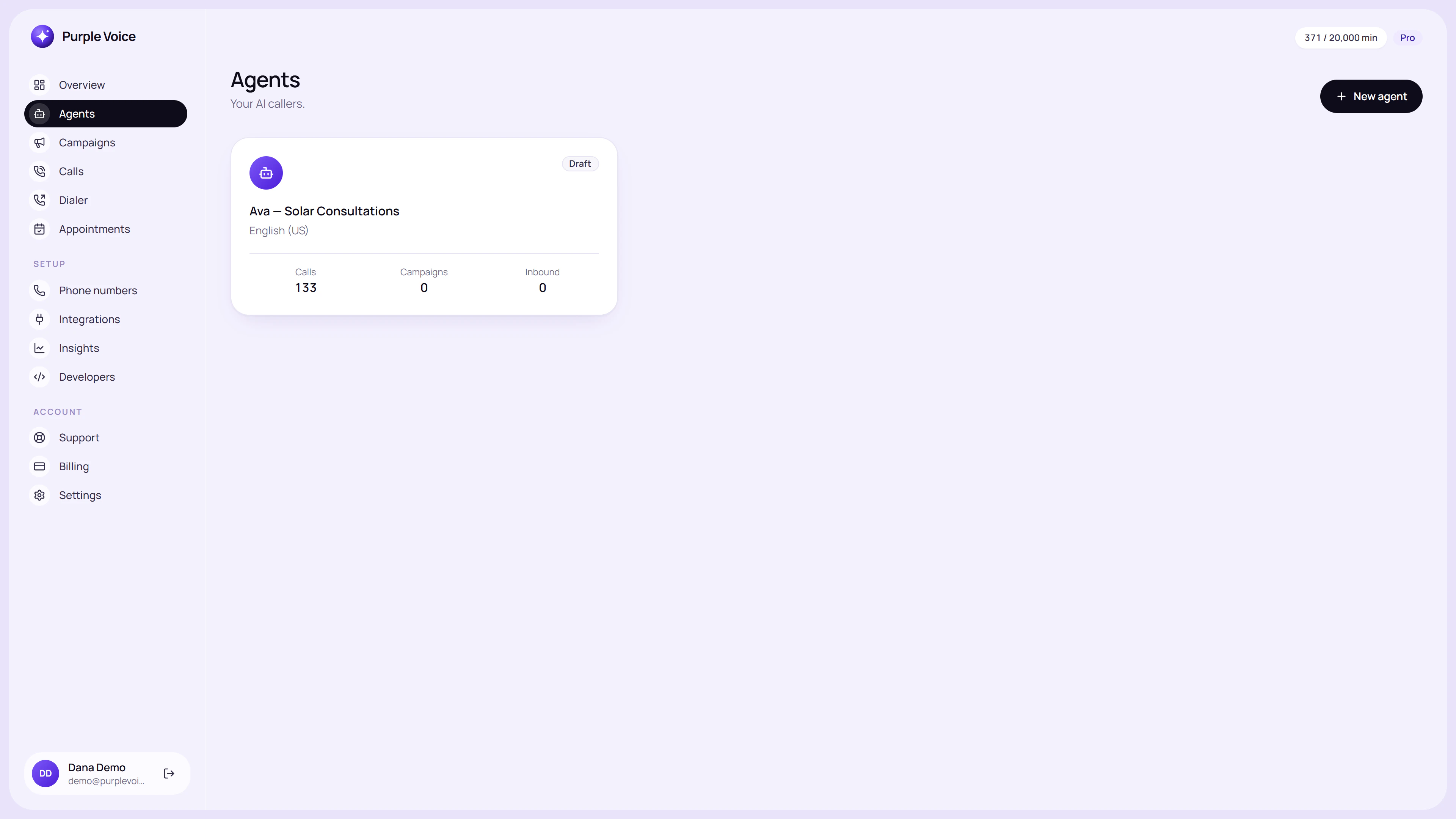 Purple Voice agents list in the dashboard with a button to create a new agent