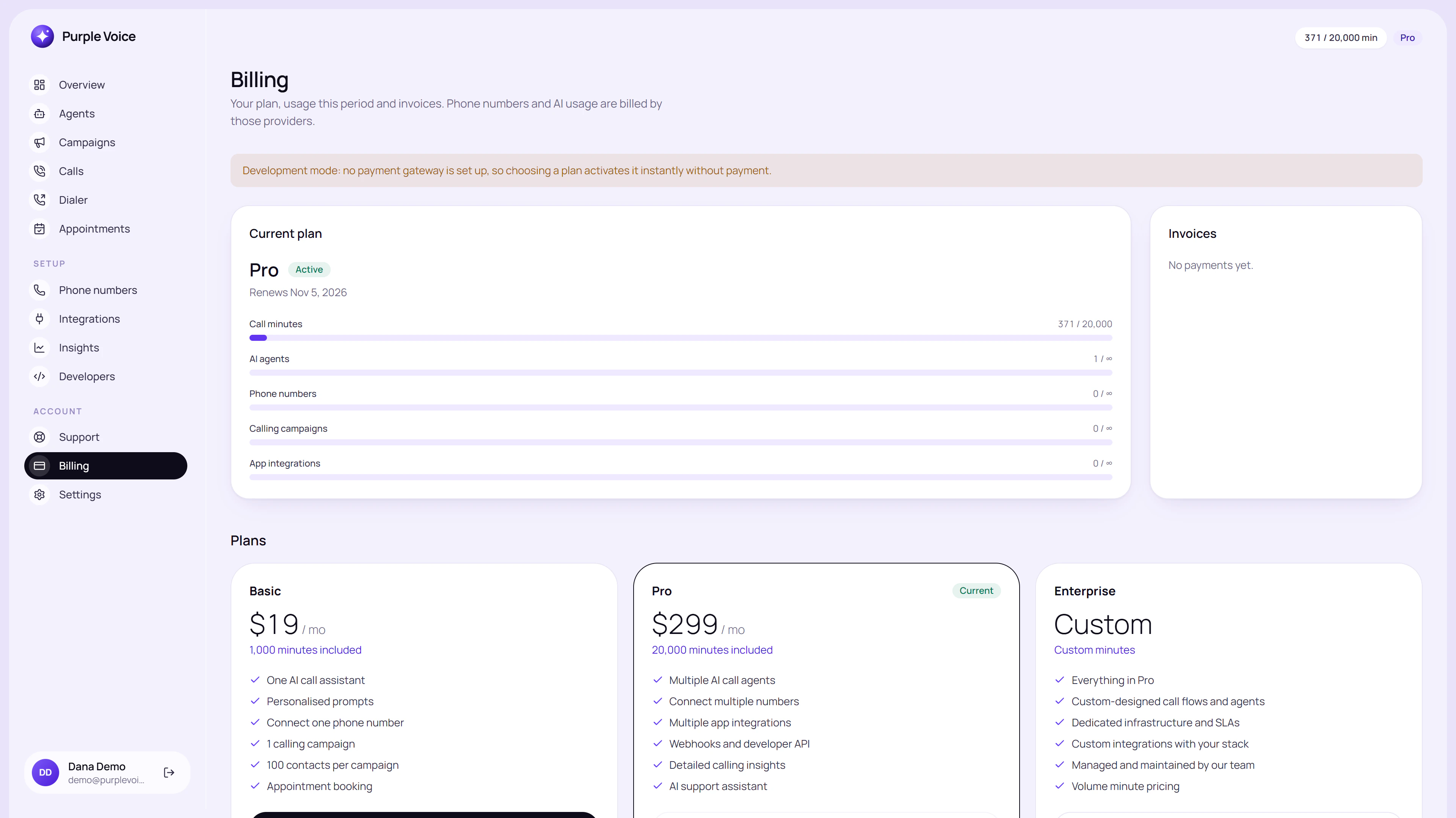 Purple Voice billing page showing plan and usage