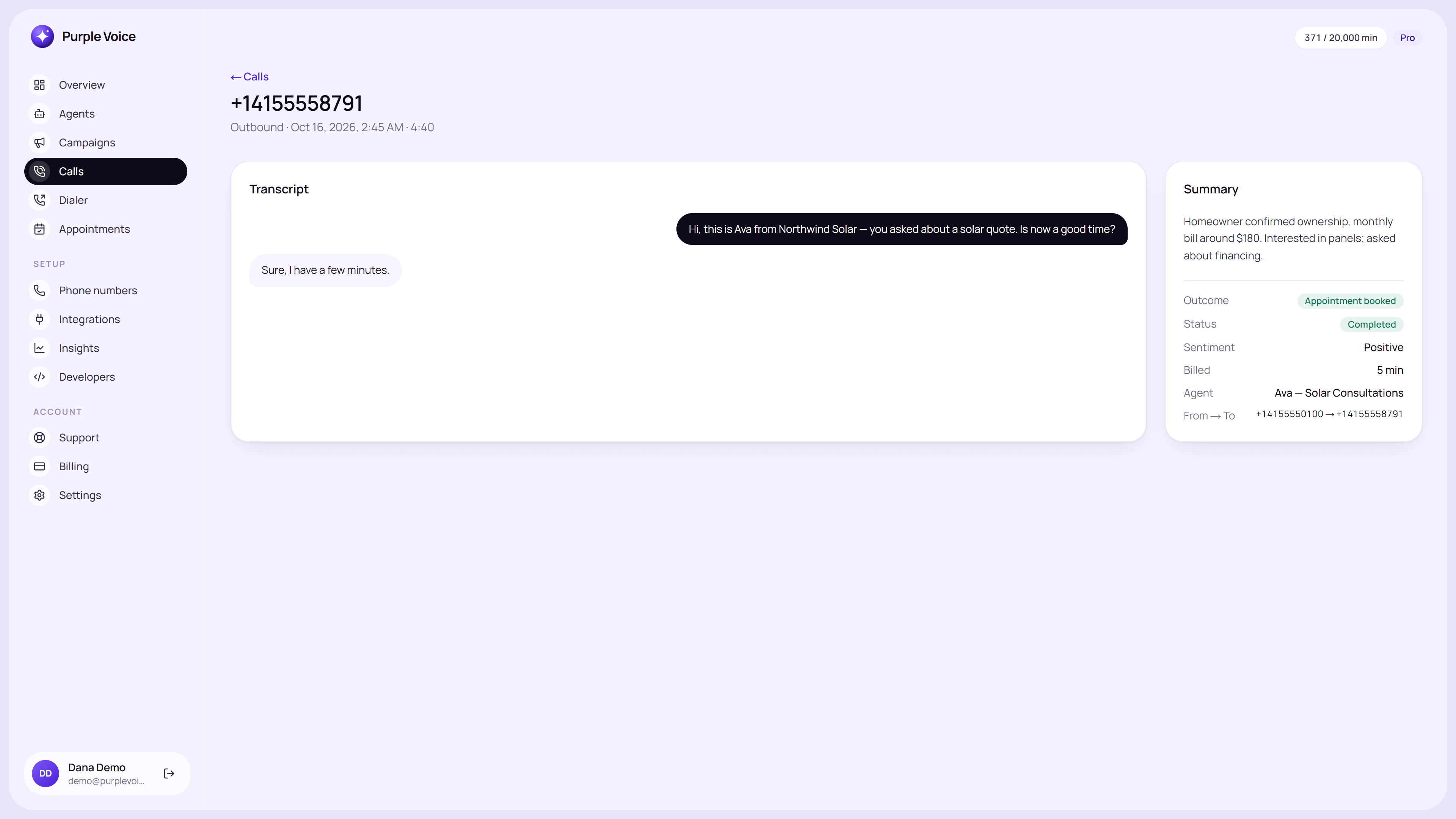 Call detail view with transcript and AI summary