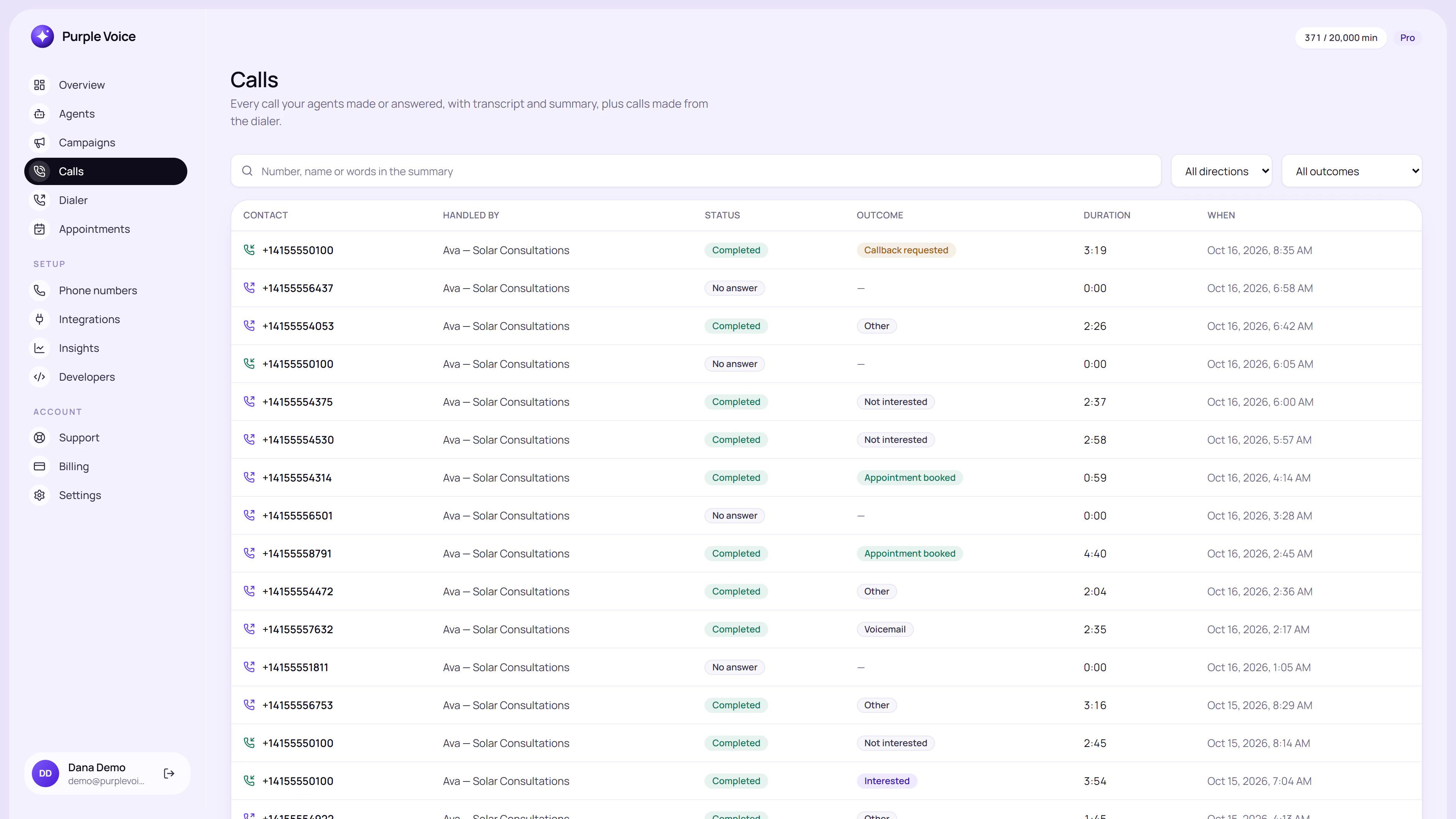 Calls list in the Purple Voice dashboard